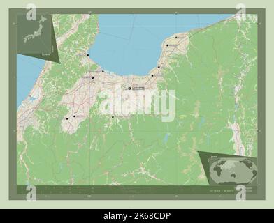 Toyama, prefecture of Japan. Open Street Map. Locations and names of major cities of the region. Corner auxiliary location maps Stock Photo