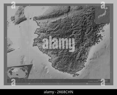 Wakayama, prefecture of Japan. Grayscale elevation map with lakes and rivers. Locations and names of major cities of the region. Corner auxiliary loca Stock Photo