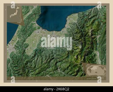 Toyama, prefecture of Japan. High resolution satellite map. Locations and names of major cities of the region. Corner auxiliary location maps Stock Photo