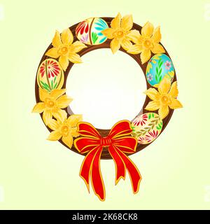Easter wreath with easter eggs and Daffodil vector Stock Vector