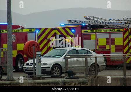 Bantry West Cork Ireland, Wednesday  12 Oct 2022; Firefighters were called to a fire on a fishing vessel at Bantry Pier. 3 units of Cork County Fire Service from Bantry Fire Station attended the scene which is thought to have started in the engine room. Fire Crews had the blaze under control and extinguished in under an hour. Credit ED/Alamy Live News Stock Photo