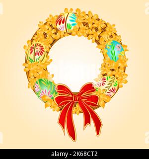Easter wreath with forsythia and Easter eggs vector Stock Vector