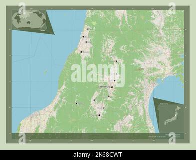 Yamagata, prefecture of Japan. Open Street Map. Locations and names of major cities of the region. Corner auxiliary location maps Stock Photo