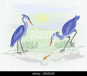 Herons on the hunt vector Stock Vector