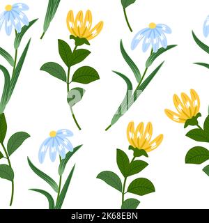 Seamless pattern with blue and yellow flowers. Floral decorative vector  background,  plants, botanical design for fashion, fabric, wallpaper Stock Vector