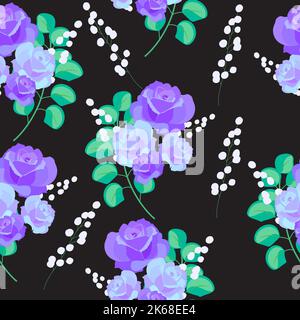 Vector seamless pattern with abstract purple roses on black, floral  background for textile, wallpaper Stock Vector