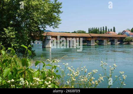 Covered Wooden Bridge Over The Rhine, Bad Säckingen, Black Forest, Baden-Württemberg, Germany, Europe Stock Photo