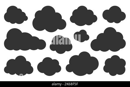 Clouds black silhouette icon set. Glyph vector symbol of weather, database, cloud storage or network. Graphic design template for web interface. Overcast, cleen cloudy sky element flat sign collection Stock Vector