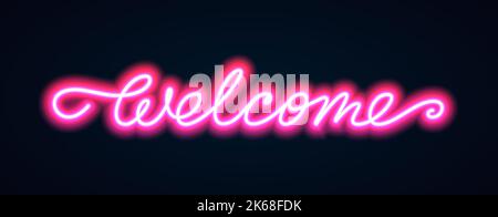 Welcome script neon extra glowing banner. Glow bright club signboard. Wavy line inscription on dark wall illuminated with led lamps. Night show open advensing announcement fluorescentled tube light Stock Vector