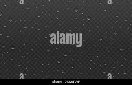 Realistic water droplets transparent pattern on dark background Stock Vector