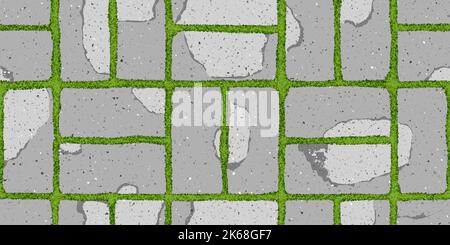 Seamless pattern of old pavement with moss and textured cracked old bricks Stock Vector