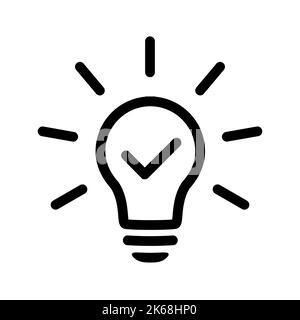 Light bulb with tick icon in flat style. Lightbulb with check, successful idea symbol isolated on white. Simple abstract thin line icon in black. Vect Stock Vector