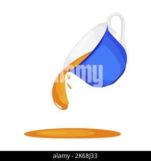 A blue cup with a drop of tea or coffee in the speaker. Tea and cups are pouring. realistic vector isolated on a white background. Stock Vector