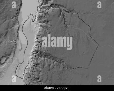 Karak, province of Jordan. Grayscale elevation map with lakes and rivers Stock Photo