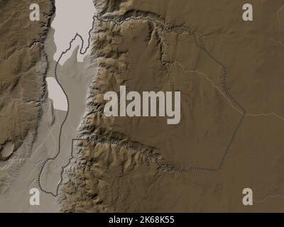 Karak, province of Jordan. Elevation map colored in sepia tones with lakes and rivers Stock Photo