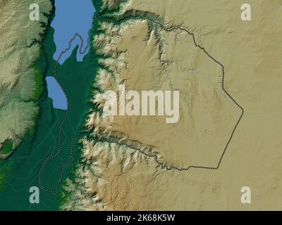 Karak, province of Jordan. Colored elevation map with lakes and rivers Stock Photo