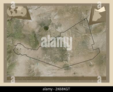 Mafraq, province of Jordan. High resolution satellite map. Locations of major cities of the region. Corner auxiliary location maps Stock Photo