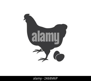 Chicken with eggs icon, Hen or chicken vector outline logo design. Concept of organic farm. Minimal, simple background for label design. Stock Vector