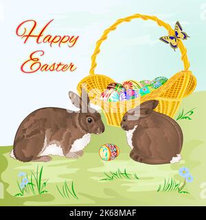 Happy Easter  rabbits  and easter basket vector Stock Vector
