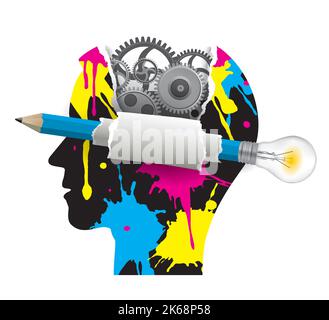 Smart solutions, printing technology, creative graphic design. Stylized Male Head silhouette with gear and pencil with bulb and cmyk color splatters. Stock Vector