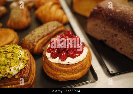 Freshly baked butter croissant and croissant sandwich Stock Photo