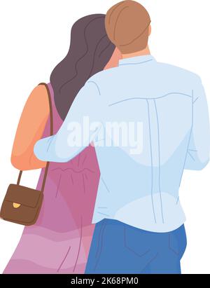 Loving couple rear view. Man and woman hugging isolated on white background Stock Vector