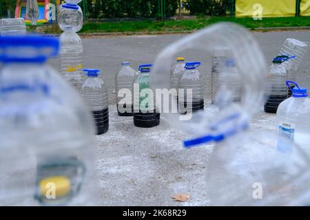 Big chess board of chalk with chess pieces made of plastic bottles seen on Franjo Tudjman Square, in Zagreb, Croatia, on October 12, 2022 Photo: Slaven Branislav Babic/PIXSELL Stock Photo