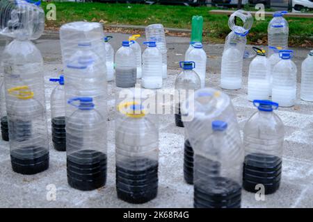 Big chess board of chalk with chess pieces made of plastic bottles seen on Franjo Tudjman Square, in Zagreb, Croatia, on October 12, 2022 Photo: Slaven Branislav Babic/PIXSELL Stock Photo