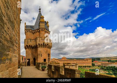 Olite, Spain - June 23, 2021: Details of the ornate gothic architecture of the palace of the Kings of Navarre or Royal Palace of Olite in Navarra Stock Photo