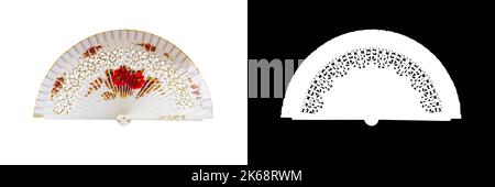 Spanish white open hand fan, decorated with floral motifs, isolated on white background with clipping mask Stock Photo