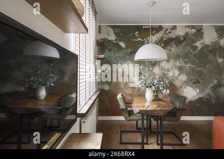 Modern Japandi appartment interior design in earth tones, natural textures with wooden solid oak furniture clay decorative wall. Japandi concept Stock Photo