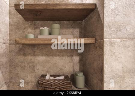 Modern Japandi bathroom interior design in earth tones, natural textures with wooden solid oak furniture. Japandi concept Stock Photo