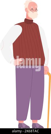 Senior with walking cane. Old man character standing isolated on white background Stock Vector