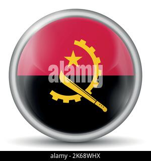 Round icon with flag of Angola. Glass light ball, sticker, sphere. Angolan national symbol. Glossy realistic ball, 3D abstract vector illustration Stock Vector