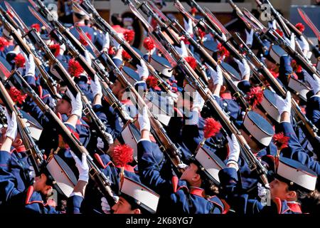 Madrid, Spain. 12th Oct, 2022. Infantry military weapons seen during the Hispanic Day parade in Paseo de la Castellana, Madrid. Spain celebrates its national holiday on October 12, the date that Christopher Columbus first arrived in the American continent. Hispanic Heritage Day is celebrated with a military parade on Paseo de la Castellana in Madrid in the presence of King Felipe VI and all the political actors of Spain. Credit: SOPA Images Limited/Alamy Live News Stock Photo