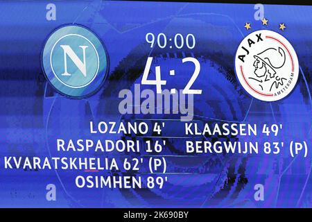 Naples, Italy. 12th Oct, 2022. NAPLES - Scoreboard after the UEFA Champions League Group A match between SSC Napoli and Ajax Amsterdam at Stadio Diego Armando Maradona on October 12, 2022 in Naples, Italy. ANP MAURICE VAN STEEN Credit: ANP/Alamy Live News Stock Photo