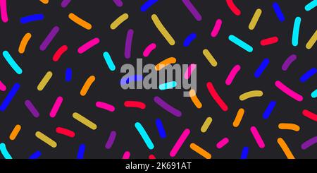 Bright neon colored confetti on black background. Cute abstract horizontal backdrop. Multi colored decorative sprinkles. Pop art style textures Stock Vector