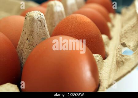Chicken eggs in eco-friendly cardboard packaging close-up. Ecology concept. Healthy food concept. Stock Photo