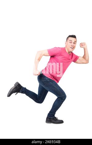 Man running in light studio. White background Stock Photo
