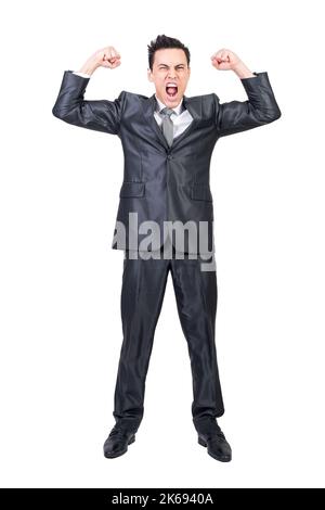 Funny businessman showing power and screaming. White background. Stock Photo