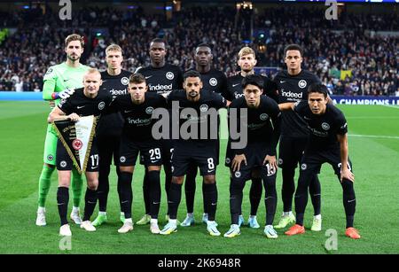 London, UK. 12th Oct, 2022. Eintract Frankfurt team back row from left: Kevin Trapp Kristijan Jakic, Evan N'Dicka, Randal Kolo Muani, Christopher Lenz and Tuta. Front row from left: Sebastian Rode, Jesper Lindstrom, Djibril Sow, Dalchi Kamada and Makoto Hasebe of Eintracht Frankfurt during the UEFA Champions League match at the Tottenham Hotspur Stadium, London. Picture credit should read: David Klein/Sportimage Credit: Sportimage/Alamy Live News Stock Photo