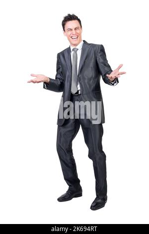 Cheerful man laughing on humorous joke. White background. Stock Photo