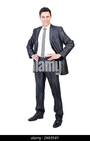 Smiling man in elegant suit. White background. Stock Photo