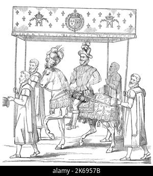 Digital improved reproduction, Henry IV., of navarra, henri IV, henri quatre, henri le grand, born 1553, died in 1610 in paris, to horses and with canopy carriers on his arrival in rouen, original woodprint from th 19th century Stock Photo