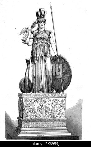 Digital improved reproduction, Minerva was the Roman goddess of wisdom and strategic warfare and the sponsor of arts, trade, and strategy, original woodprint from th 19th century Stock Photo