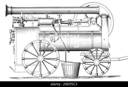 Digital improved reproduction, steam powered locomobile, by goetges, bergmann & co from leipzig, original woodprint from th 19th century Stock Photo