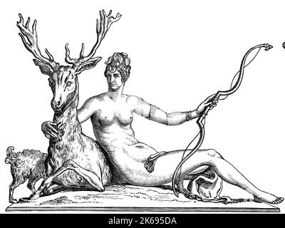 Digital improved reproduction, Diana, a Roman goddess of the hunt, the Moon, and nature, associated with wild animals and woodland, made by Jean Goujon, original woodprint from th 19th century Stock Photo