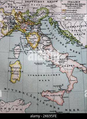 Digital improved reproduction, Map of Italy from 1500 until the beginning of the Napoleonic Wars, 1796, original woodprint from th 19th century Stock Photo