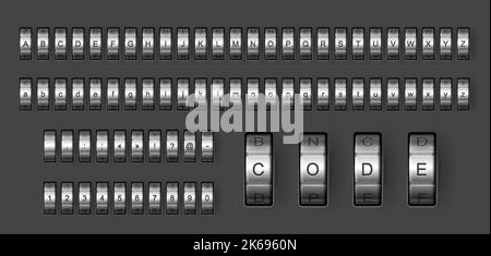 Combination code lock font, padlock type and typeface, vector alphabet letters. Safe box combination code lock font of chrome steel dials, ABC type with metal padlock digit numbers and symbols Stock Vector