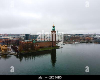 Stockholm,  Sweden - 30 12 2020: Areal view of the City Hall (Rådhuset), an example of national romanticism in architecture. Daylight. Stock Photo